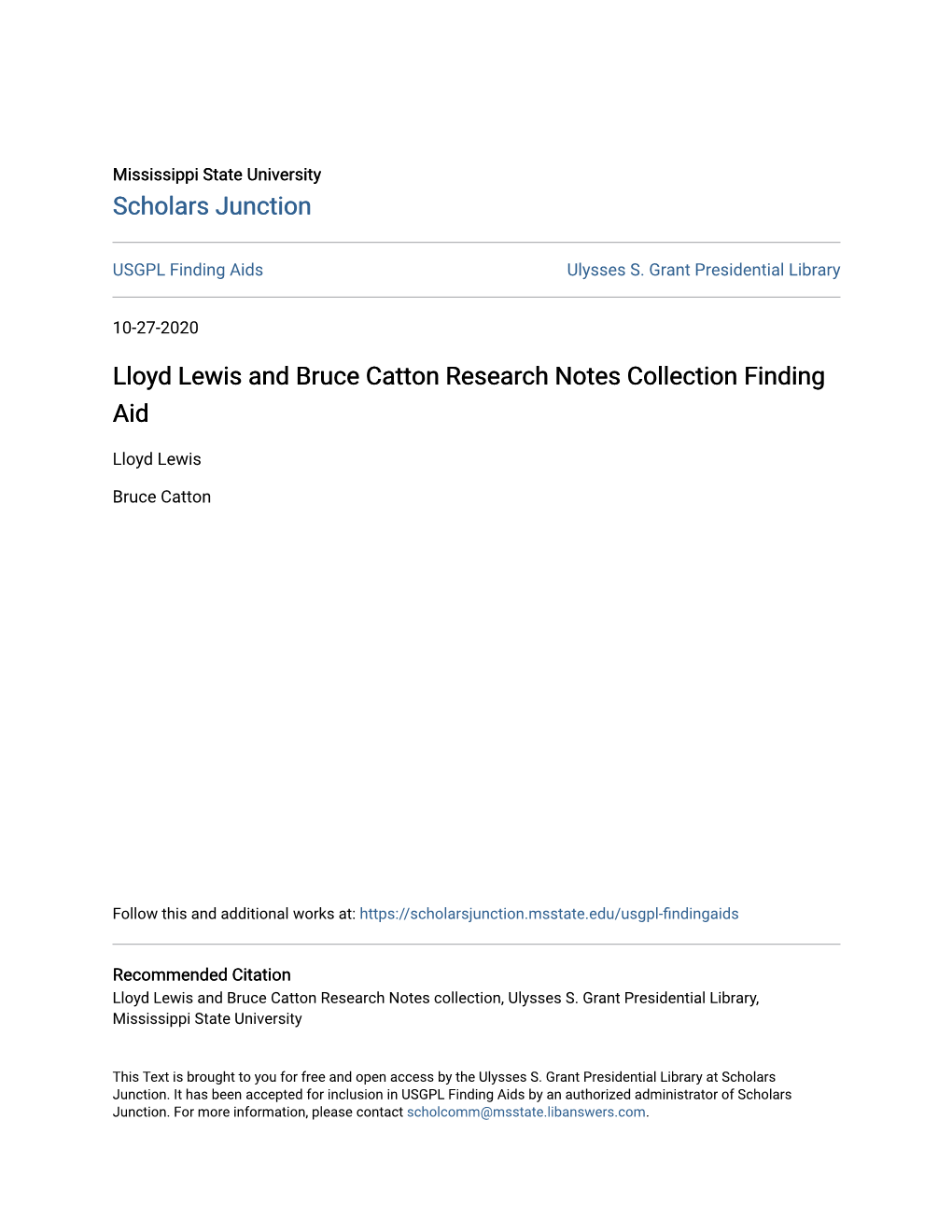 Lloyd Lewis and Bruce Catton Research Notes Collection Finding Aid