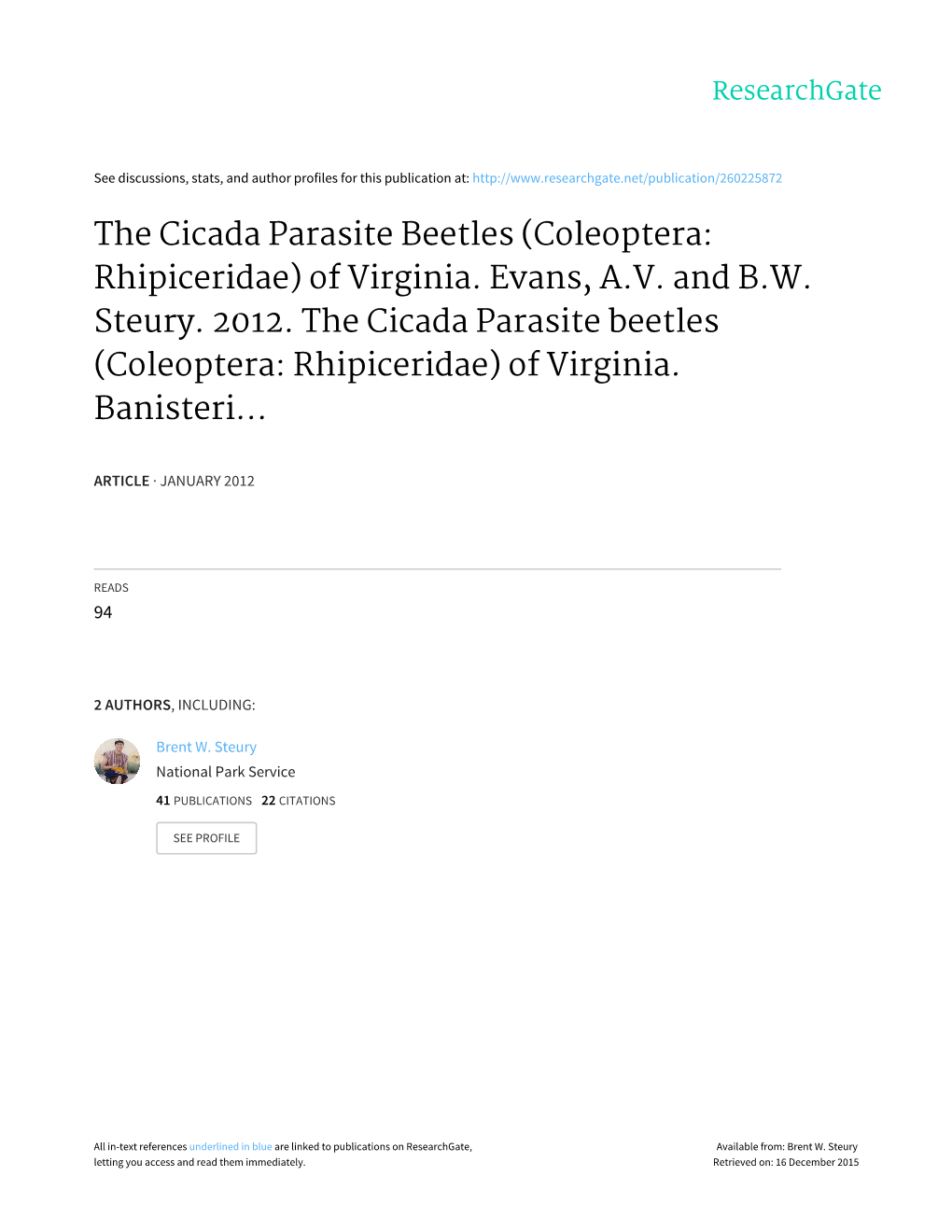 The Cicada Parasite Beetles (Coleoptera: Rhipiceridae) of Virginia