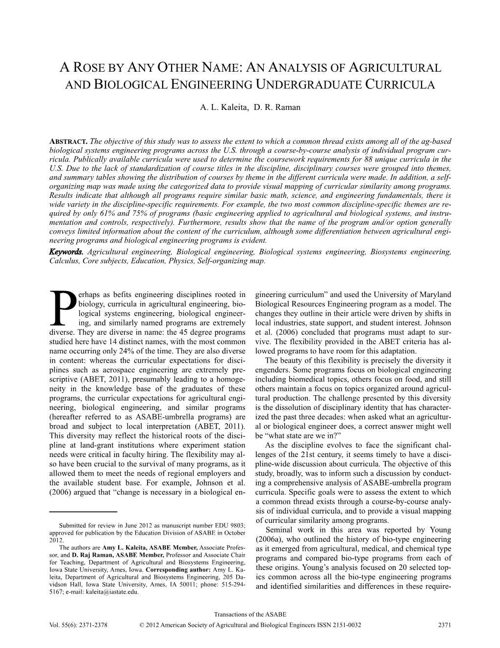 A Rose by Any Other Name: an Analysis of Agricultural and Biological Engineering Undergraduate Curricula