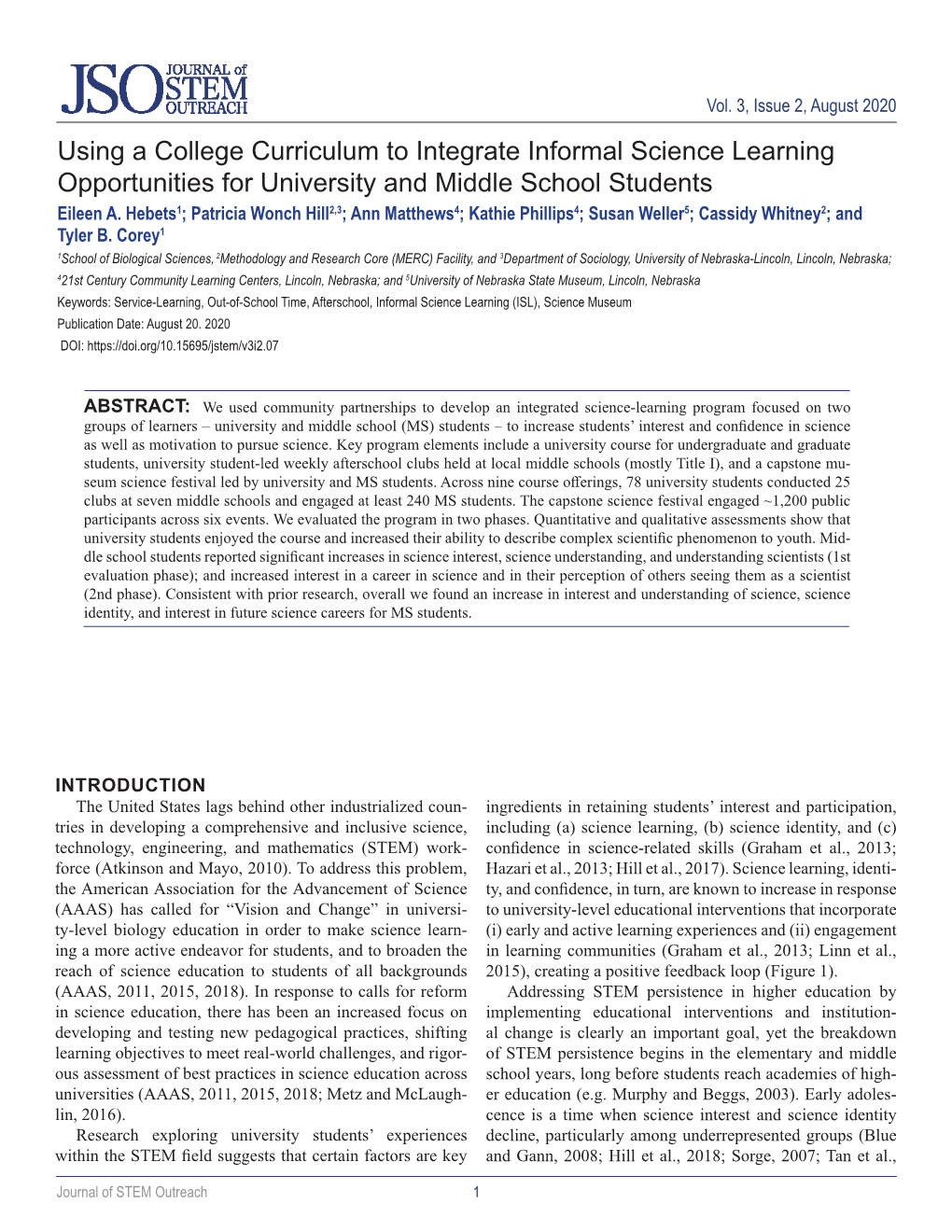 Using a College Curriculum to Integrate Informal Science Learning Opportunities for University and Middle School Students Eileen A