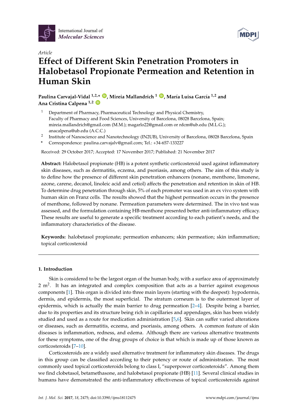 Effect of Different Skin Penetration Promoters in Halobetasol Propionate Permeation and Retention in Human Skin