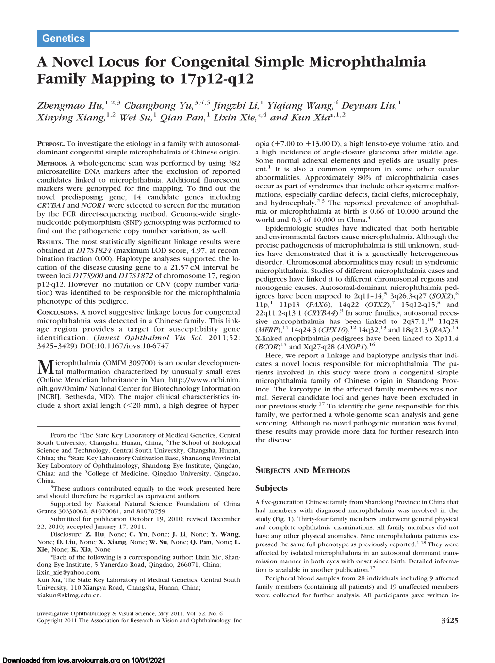 A Novel Locus for Congenital Simple Microphthalmia Family Mapping to 17P12-Q12