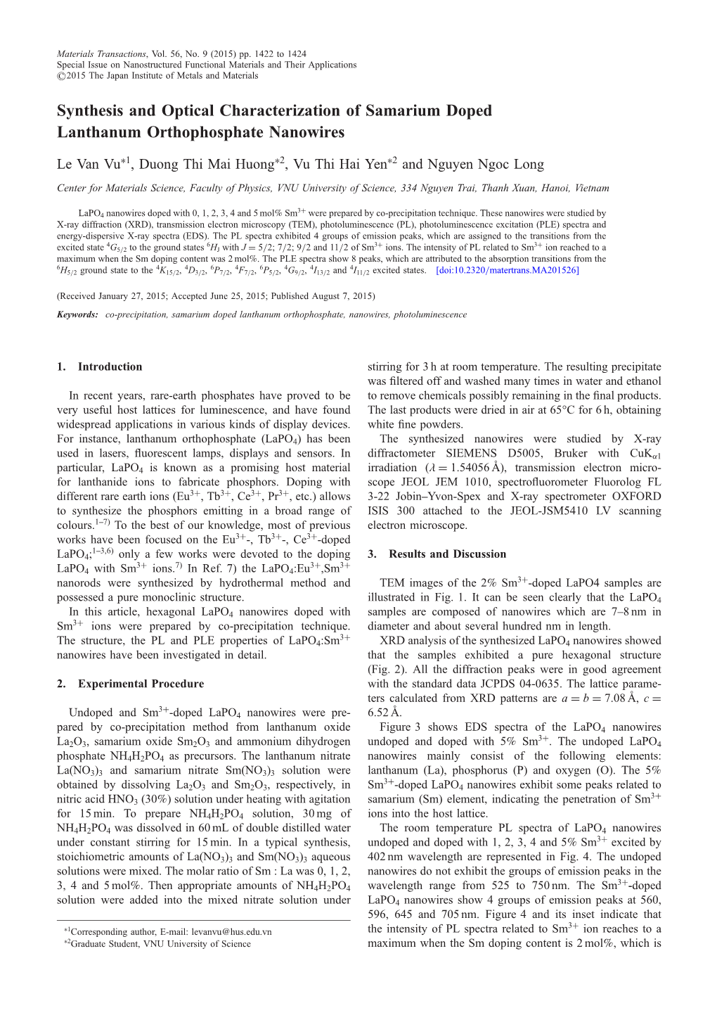 Synthesis and Optical Characterization of Samarium Doped Lanthanum Orthophosphate Nanowires