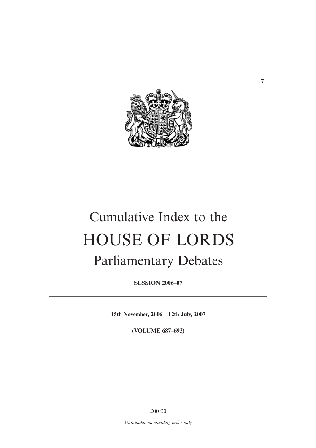 Cumulative Index to the HOUSE of LORDS Parliamentary Debates