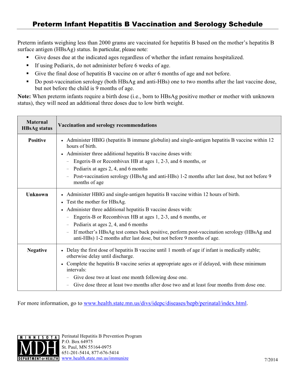 Preterm Infant Hepatitis B Vaccination and Serology Schedule