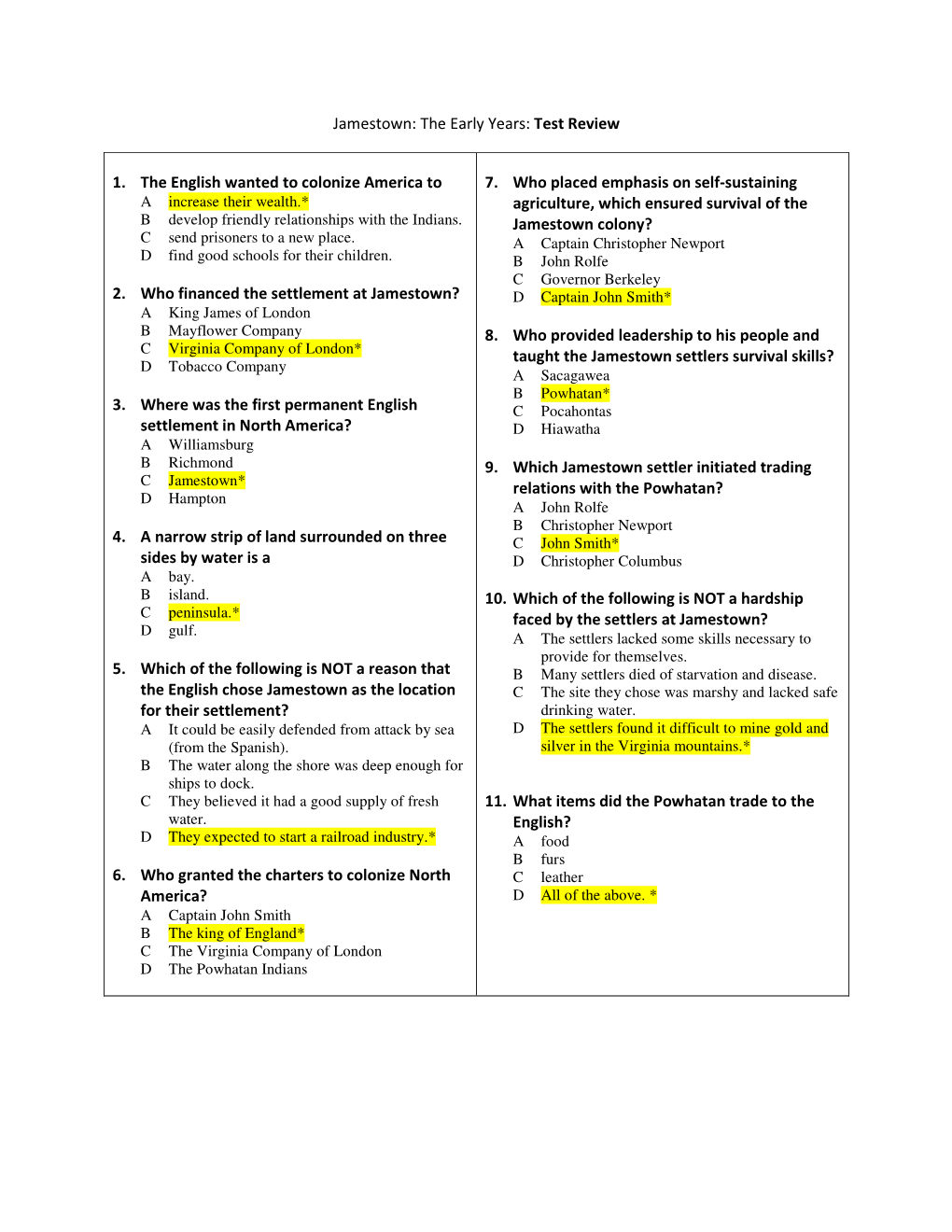 Test Review 1. the English Wanted to Colonize Am Erica to 2. W Ho