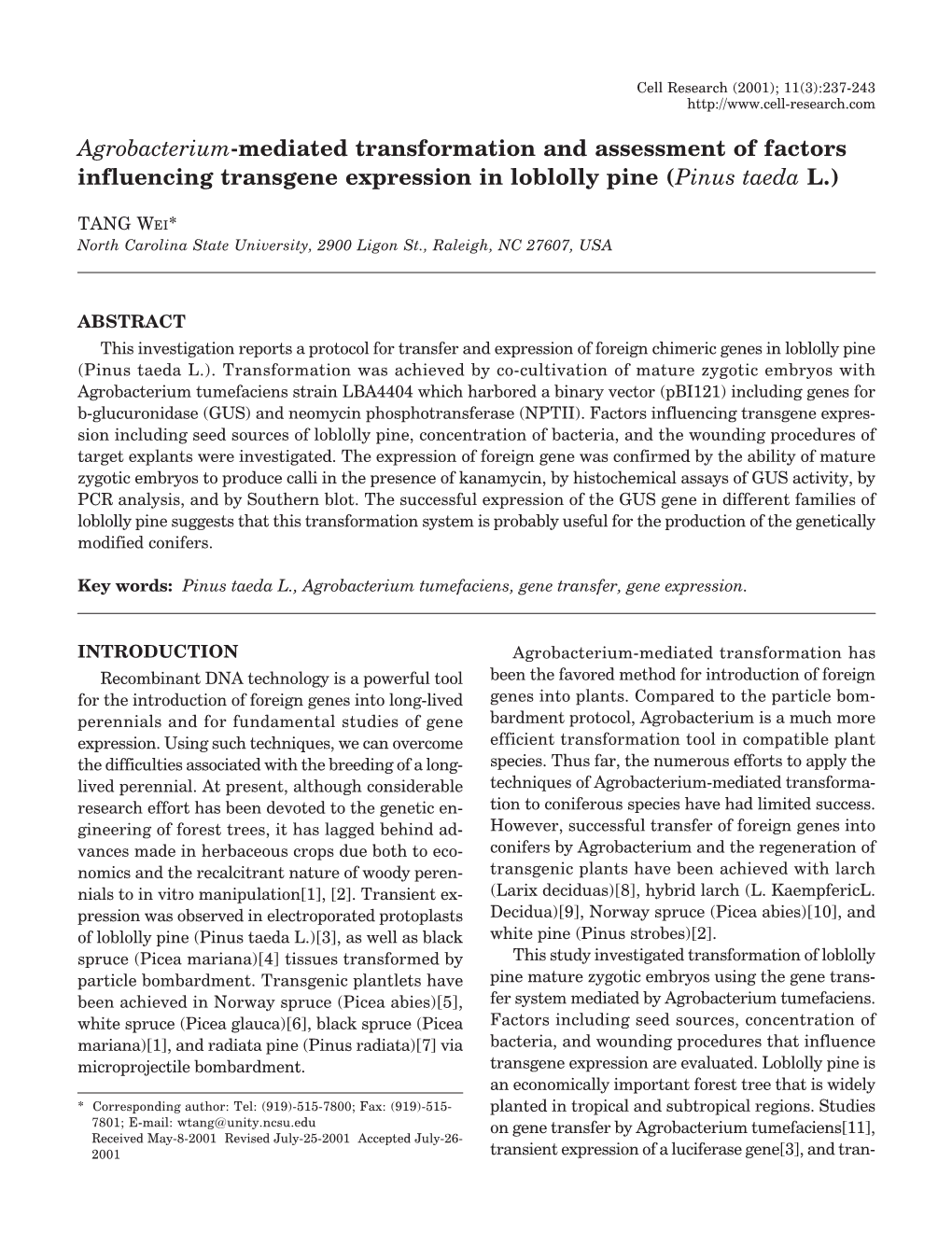 Agrobacterium-Mediated Transformation and Assessment of Factors Influencing Transgene Expression in Loblolly Pine (Pinus Taeda L.)