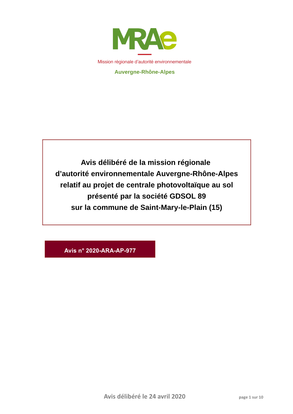 Avis Délibéré De La Mission Régionale D'autorité Environnementale