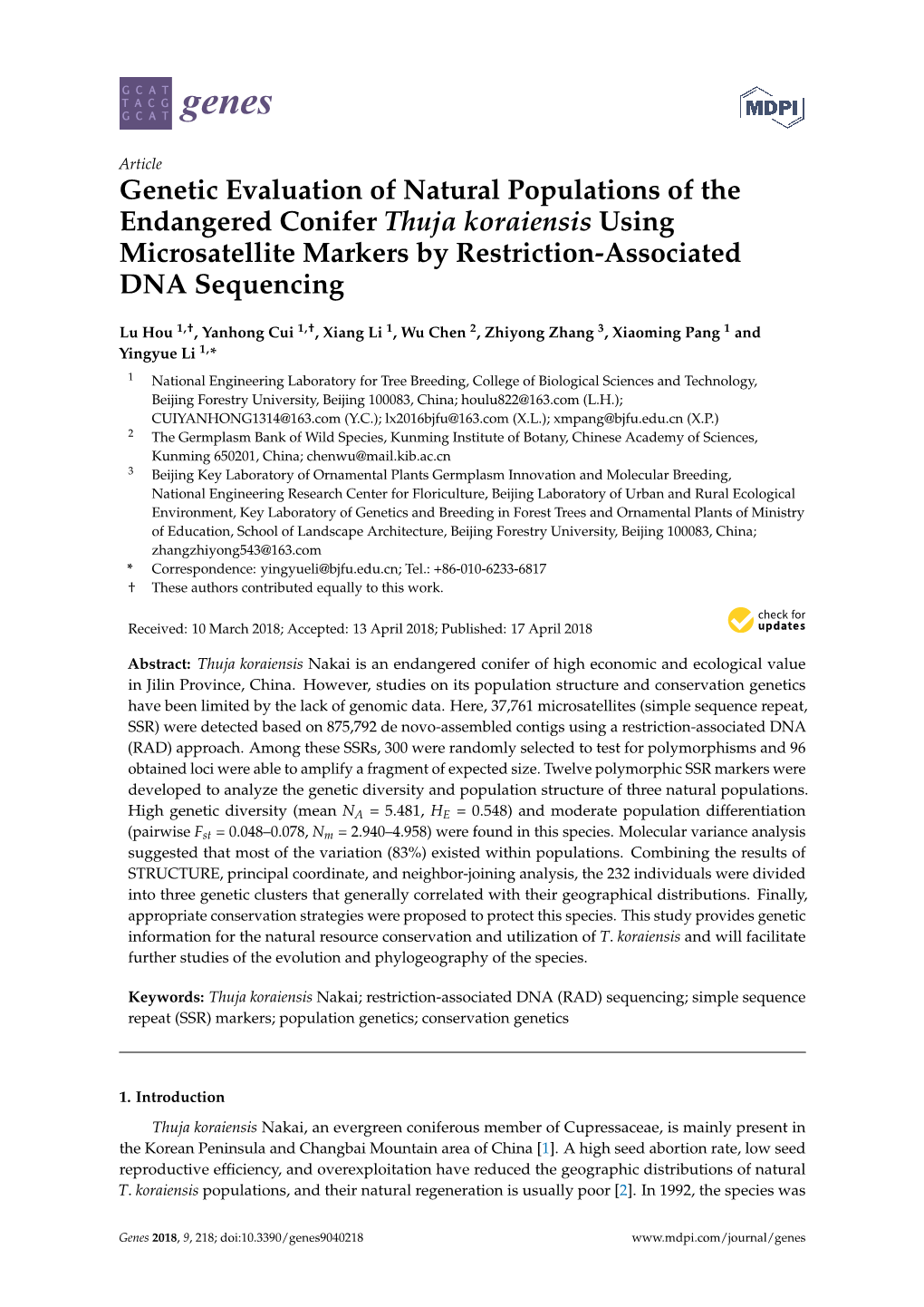 Genetic Evaluation of Natural Populations of the Endangered Conifer Thuja Koraiensis Using Microsatellite Markers by Restriction-Associated DNA Sequencing