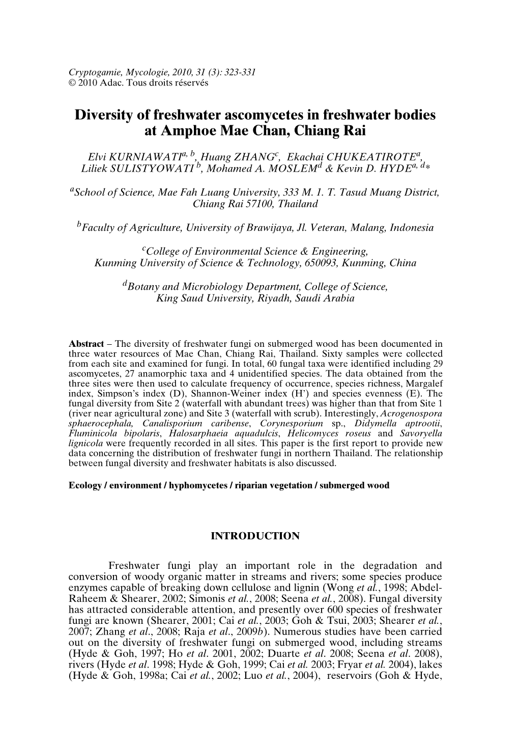 Diversity of Freshwater Ascomycetes in Freshwater Bodies at Amphoe Mae Chan, Chiang Rai