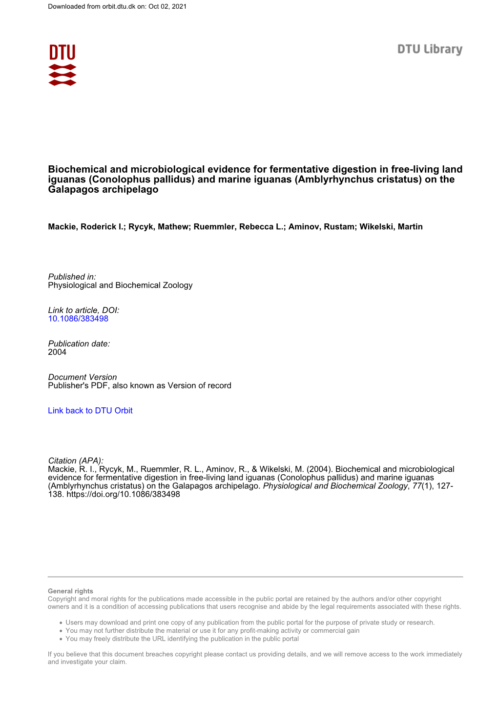 Biochemical and Microbiological Evidence for Fermentative Digestion in Free-Living Land Iguanas (Conolophus Pallidus) and Marine