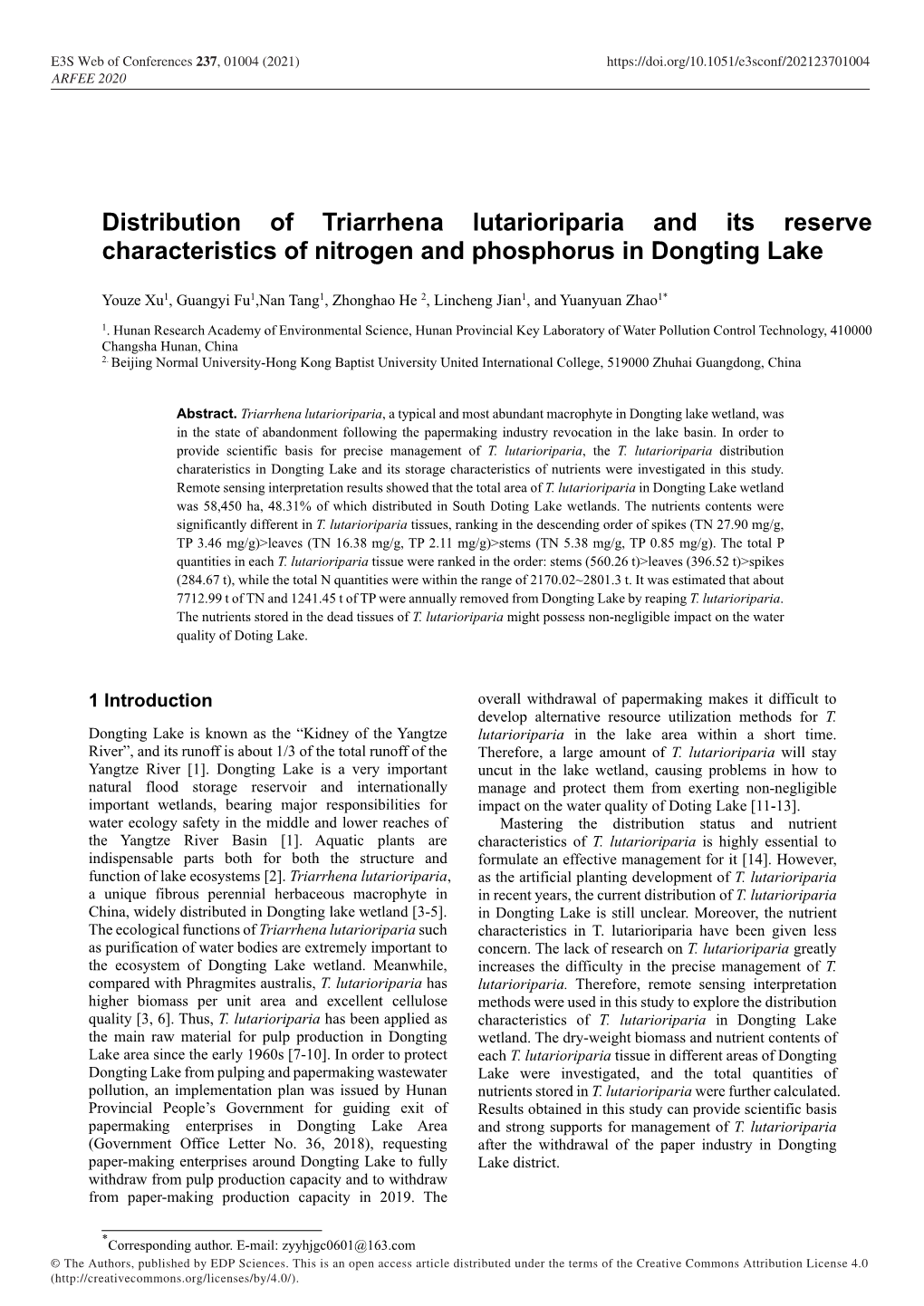 Distribution of Triarrhena Lutarioriparia and Its Reserve Characteristics of Nitrogen and Phosphorus in Dongting Lake