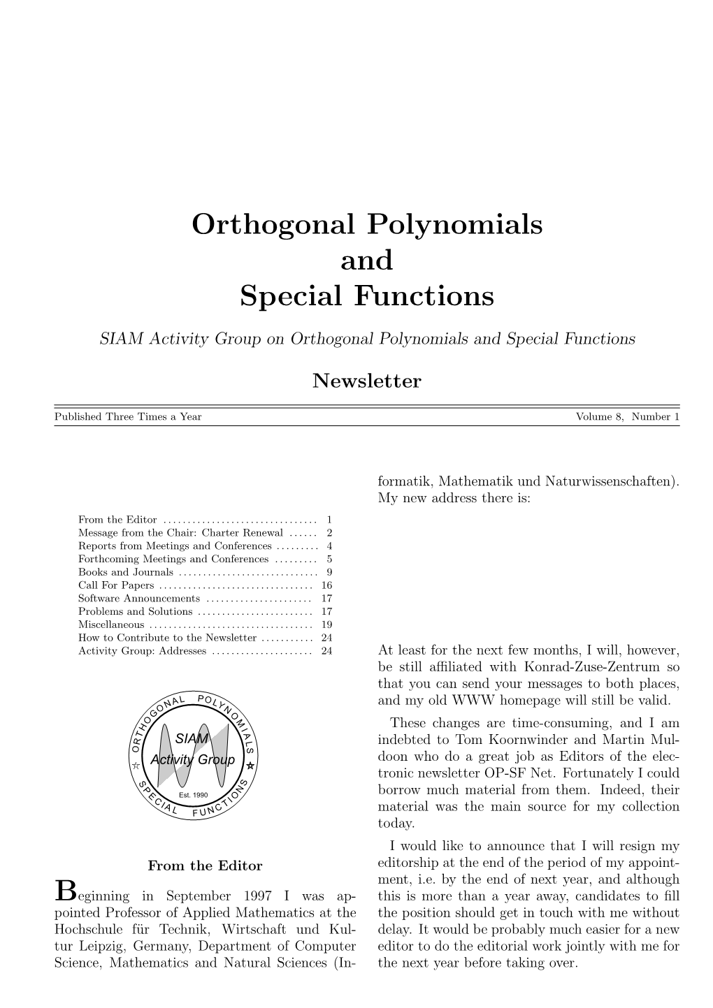 Orthogonal Polynomials and Special Functions