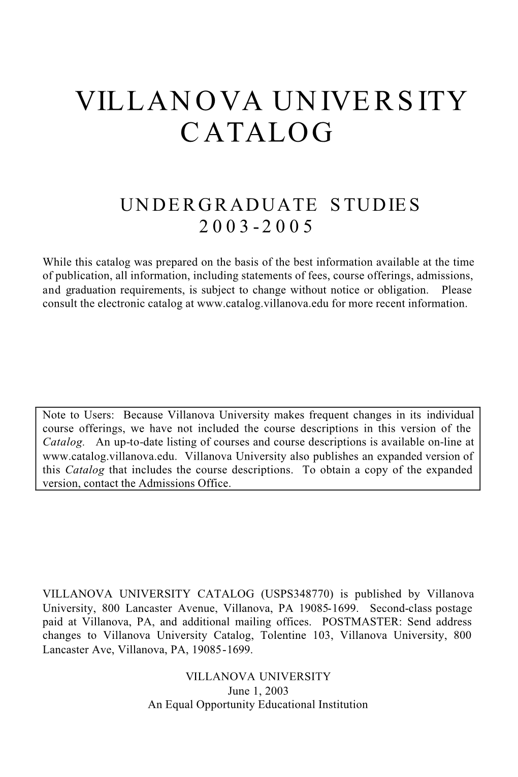 Villanova University Catalog, Introduction