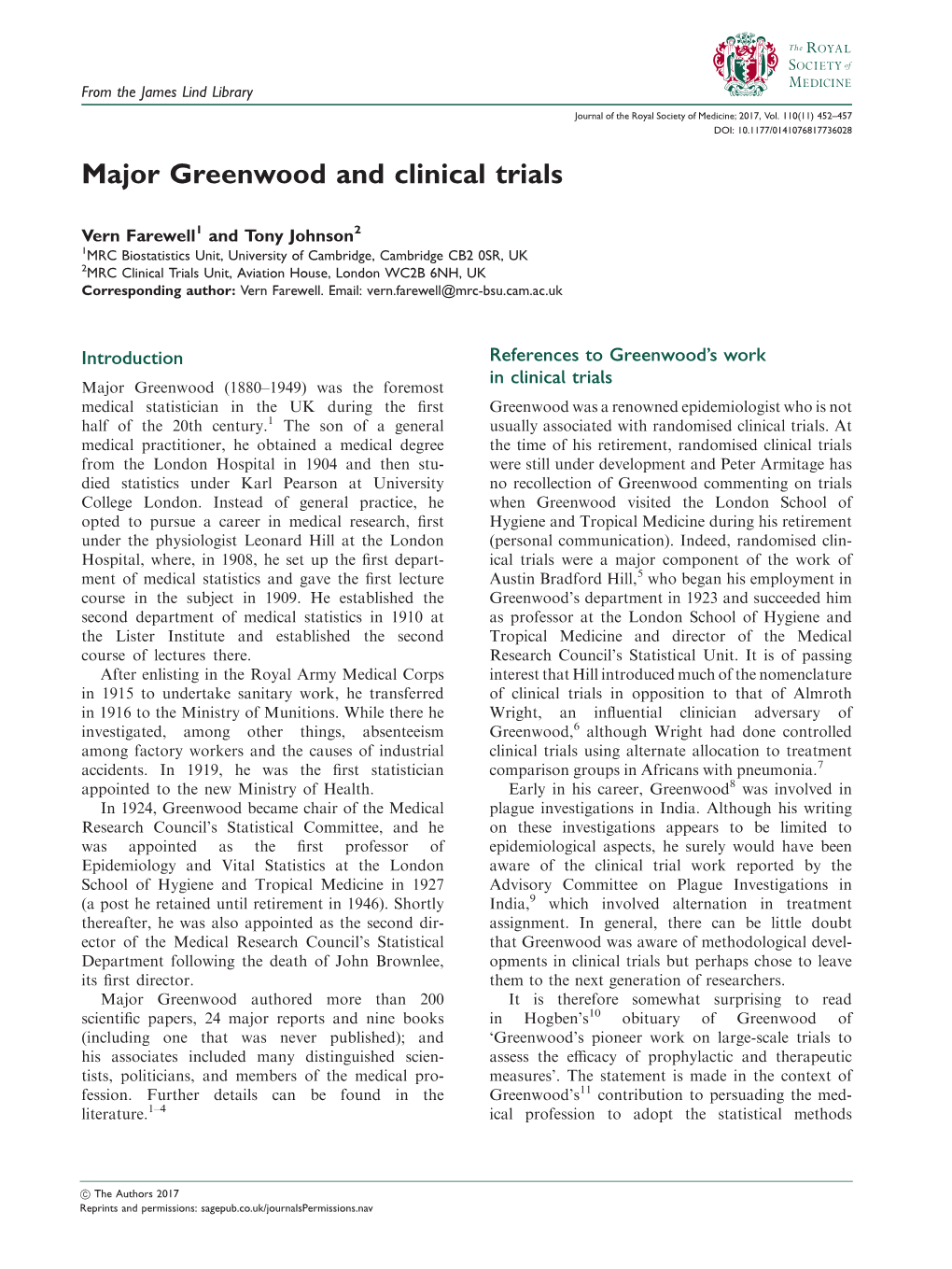 Major Greenwood and Clinical Trials