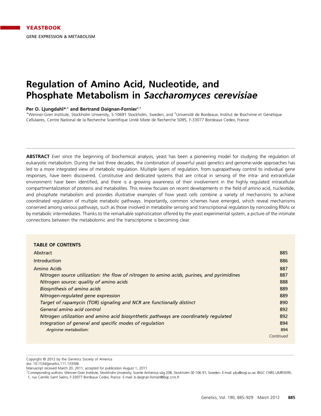 Regulation of Amino Acid, Nucleotide, and Phosphate Metabolism in Saccharomyces Cerevisiae