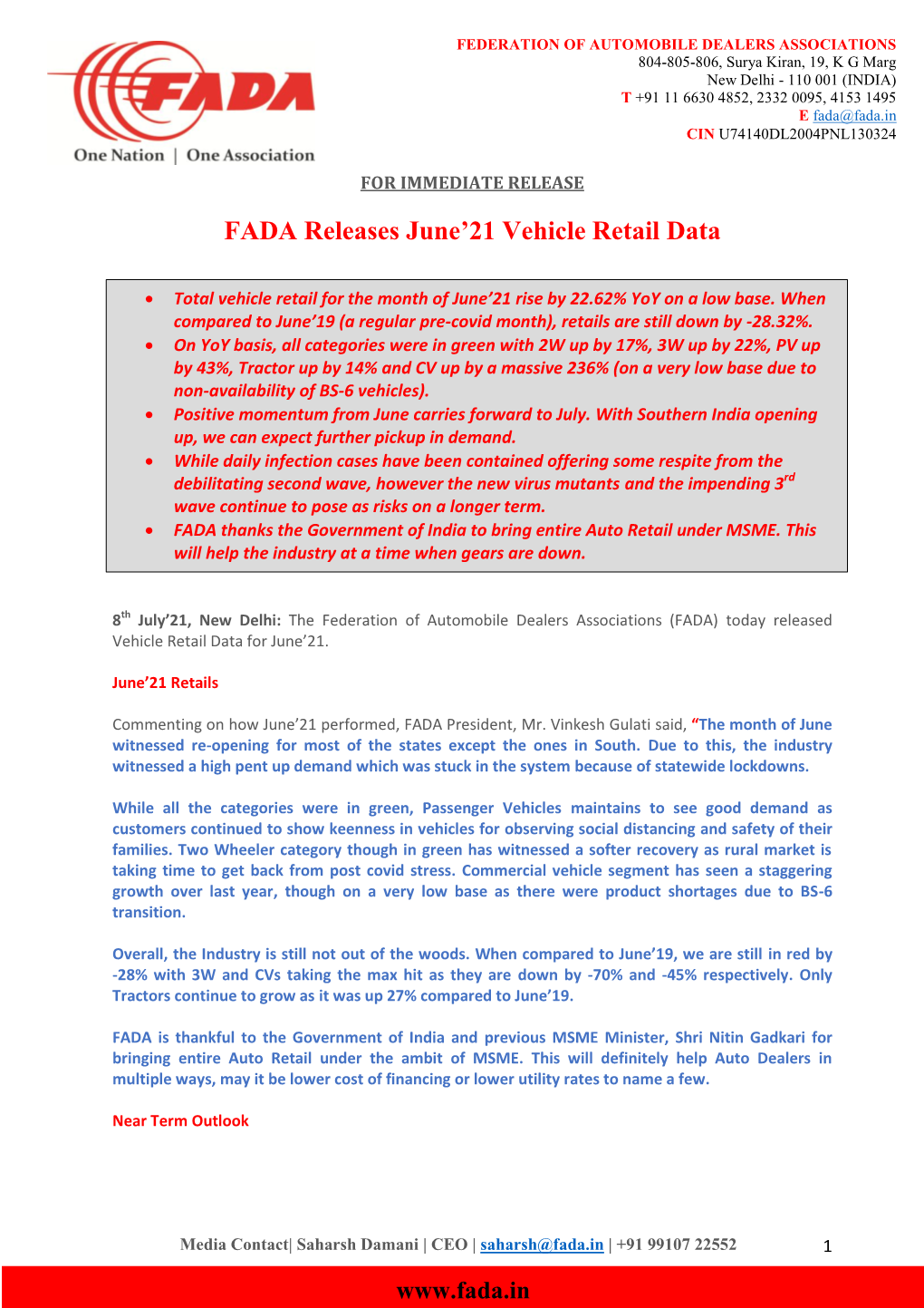 FADA Releases June'21 Vehicle Retail Data