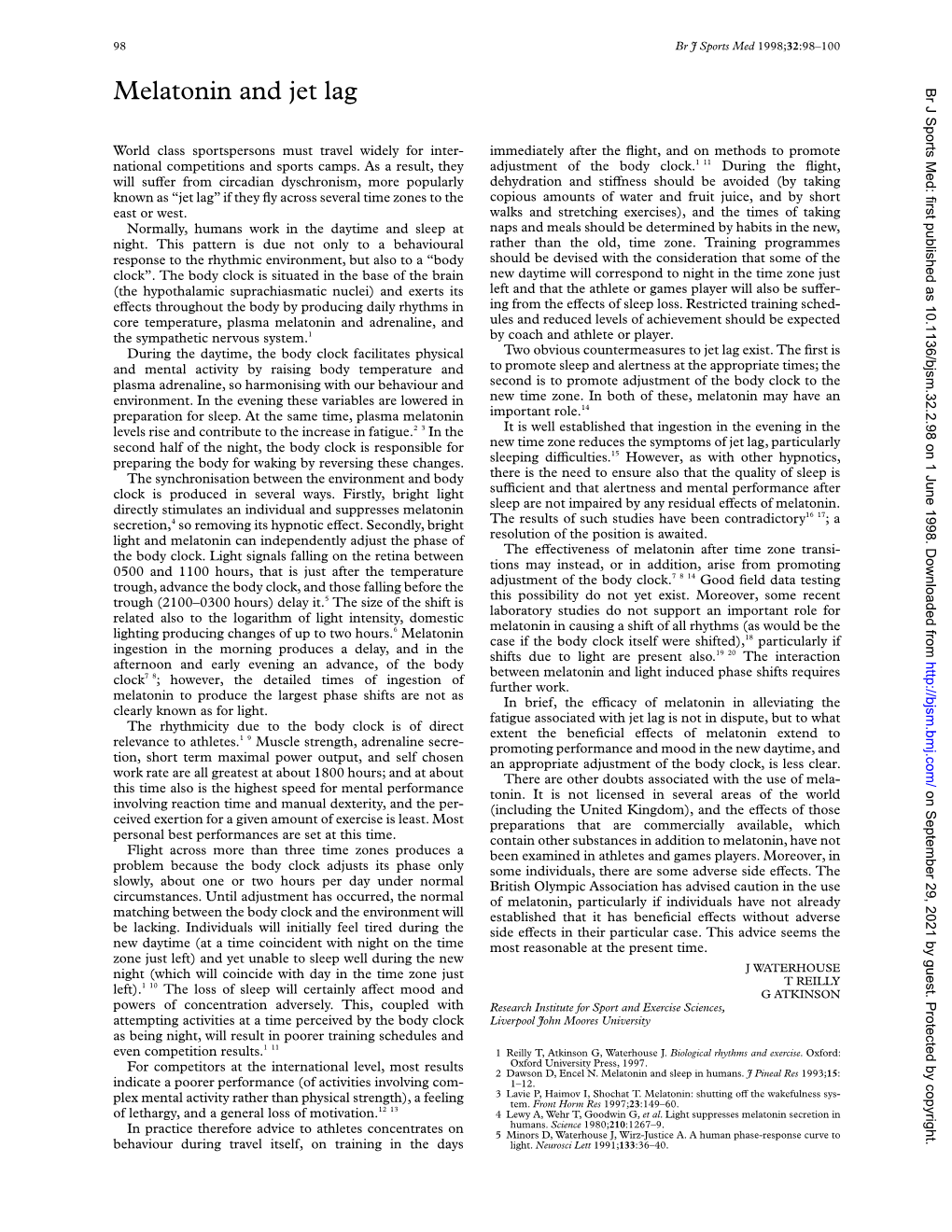 Melatonin and Jet Lag Br J Sports Med: First Published As 10.1136/Bjsm.32.2.98 on 1 June 1998