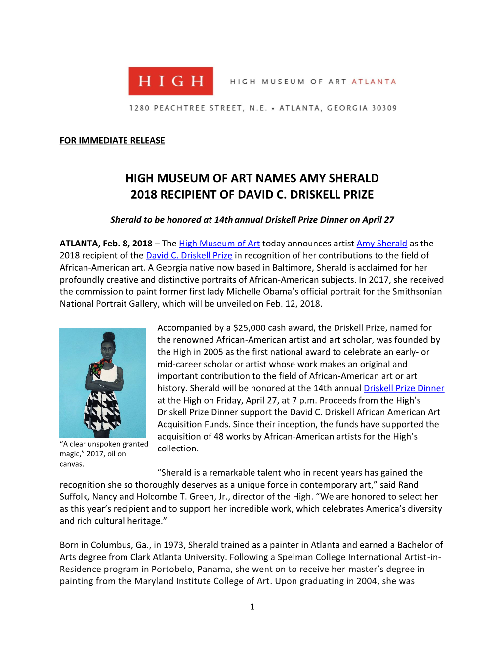 High Museum of Art Names Amy Sherald 2018 Recipient of David C