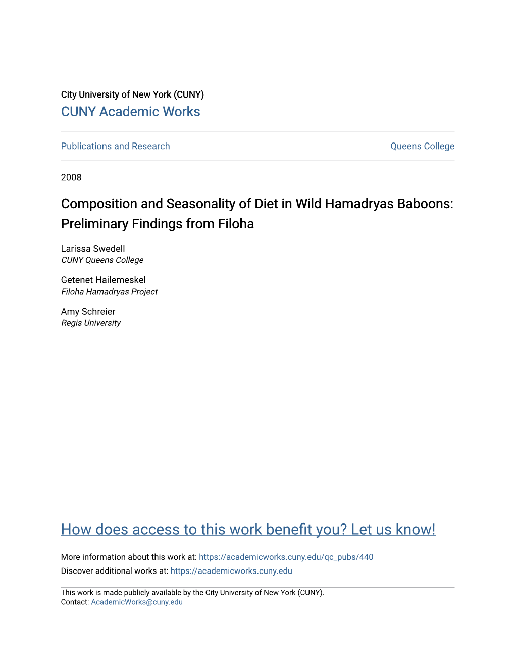 Composition and Seasonality of Diet in Wild Hamadryas Baboons: Preliminary Findings from Filoha