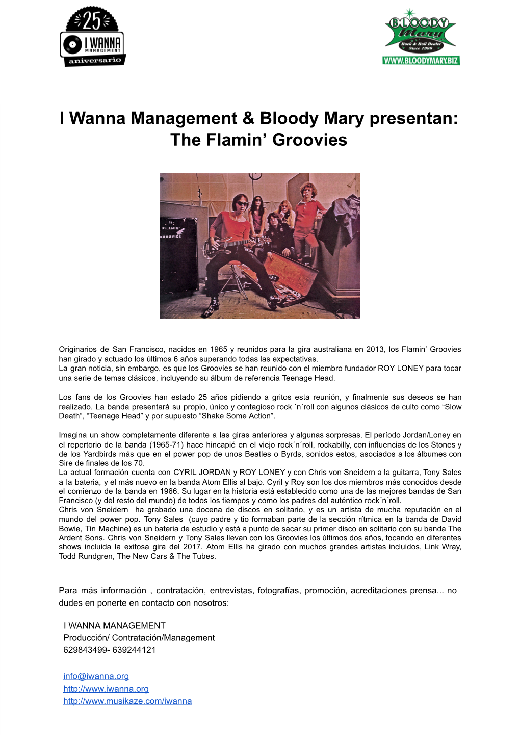 I Wanna Management & Bloody Mary Presentan: the Flamin' Groovies