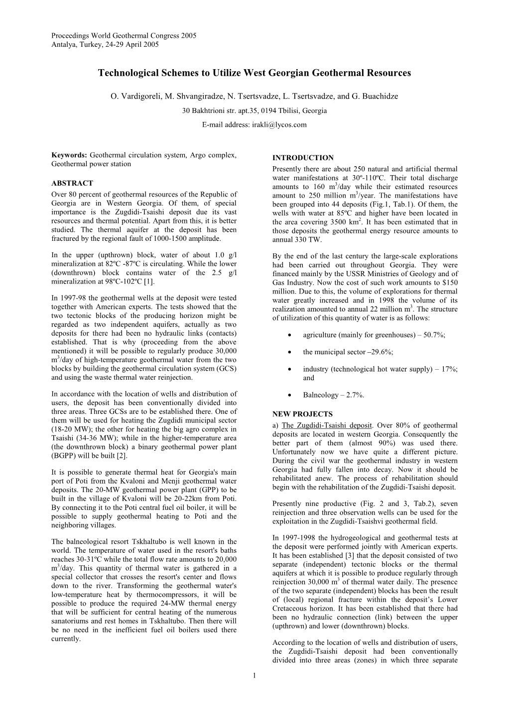 Technological Schemes to Utilize West Georgian Geothermal Resources