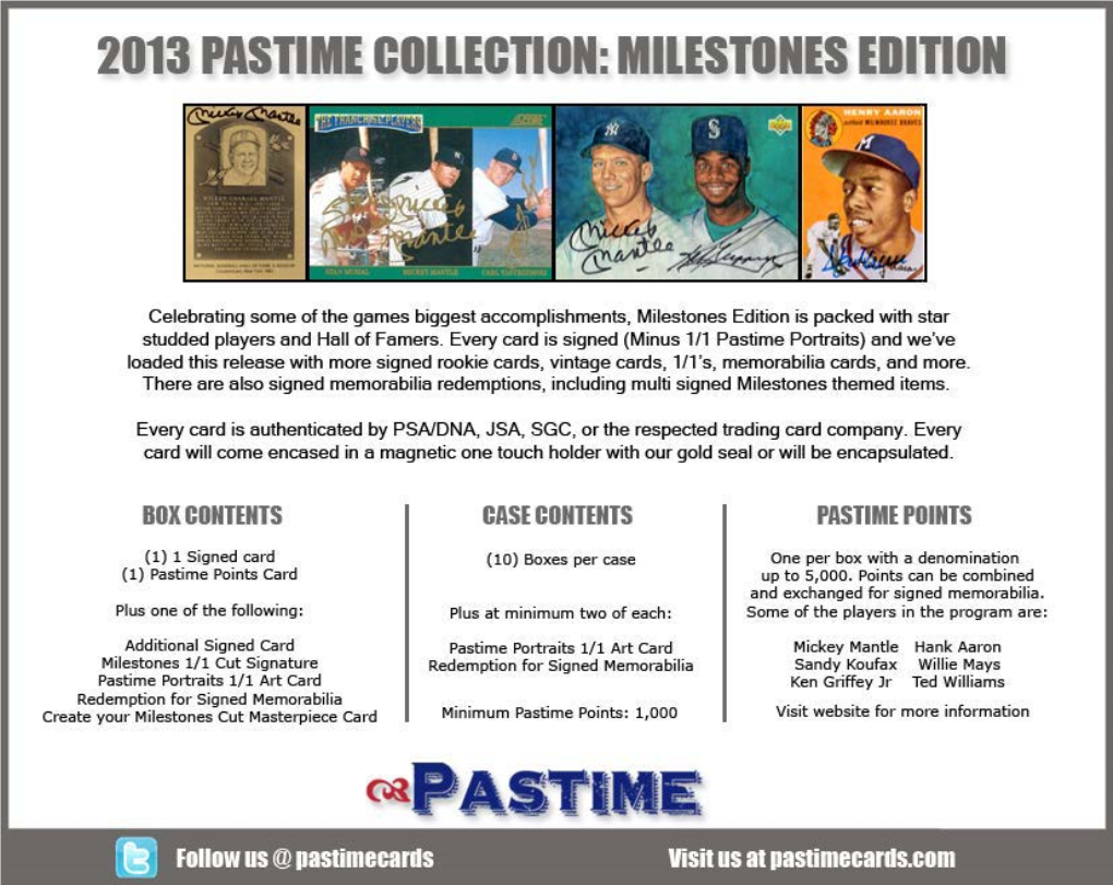 01PAST (§] Follow Us @ Pastimecards Visit Us at Pastimecards.Com 2013 PASTIME ON: Milestones EDITION CREATE YOUR 1/1 Milestones CUT MASTERPIECE CARD