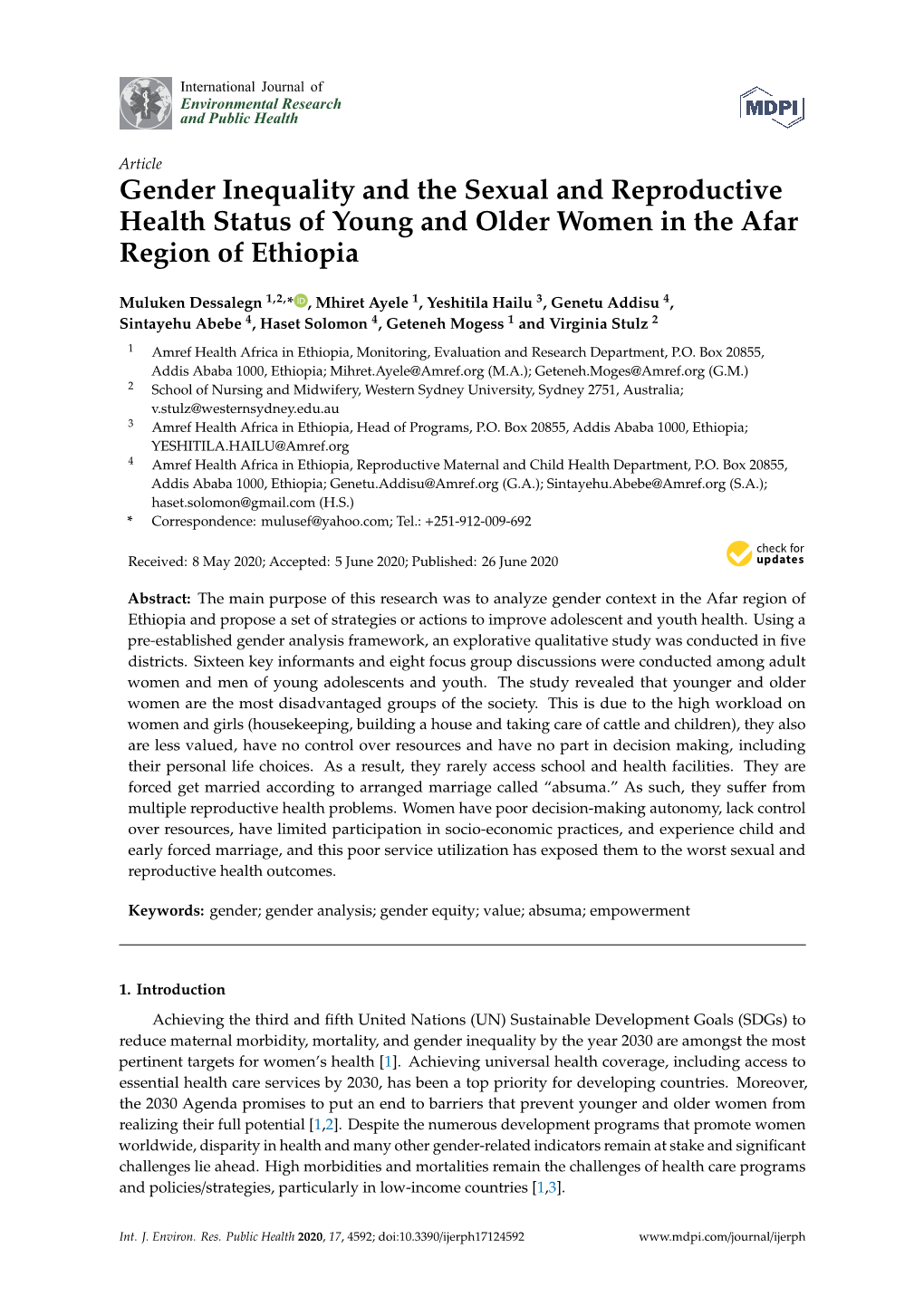 Gender Inequality and the Sexual and Reproductive Health Status of Young and Older Women in the Afar Region of Ethiopia