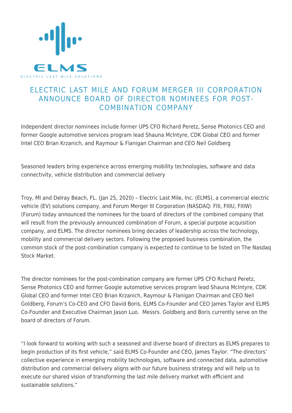 Electric Last Mile and Forum Merger III Corporation Announce Board of Director Nominees for Post-Combination Company