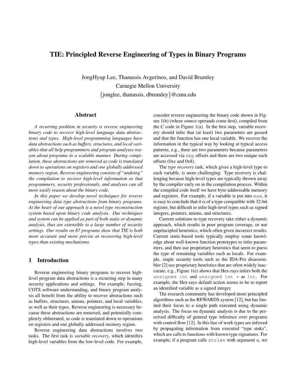 TIE: Principled Reverse Engineering of Types in Binary Programs