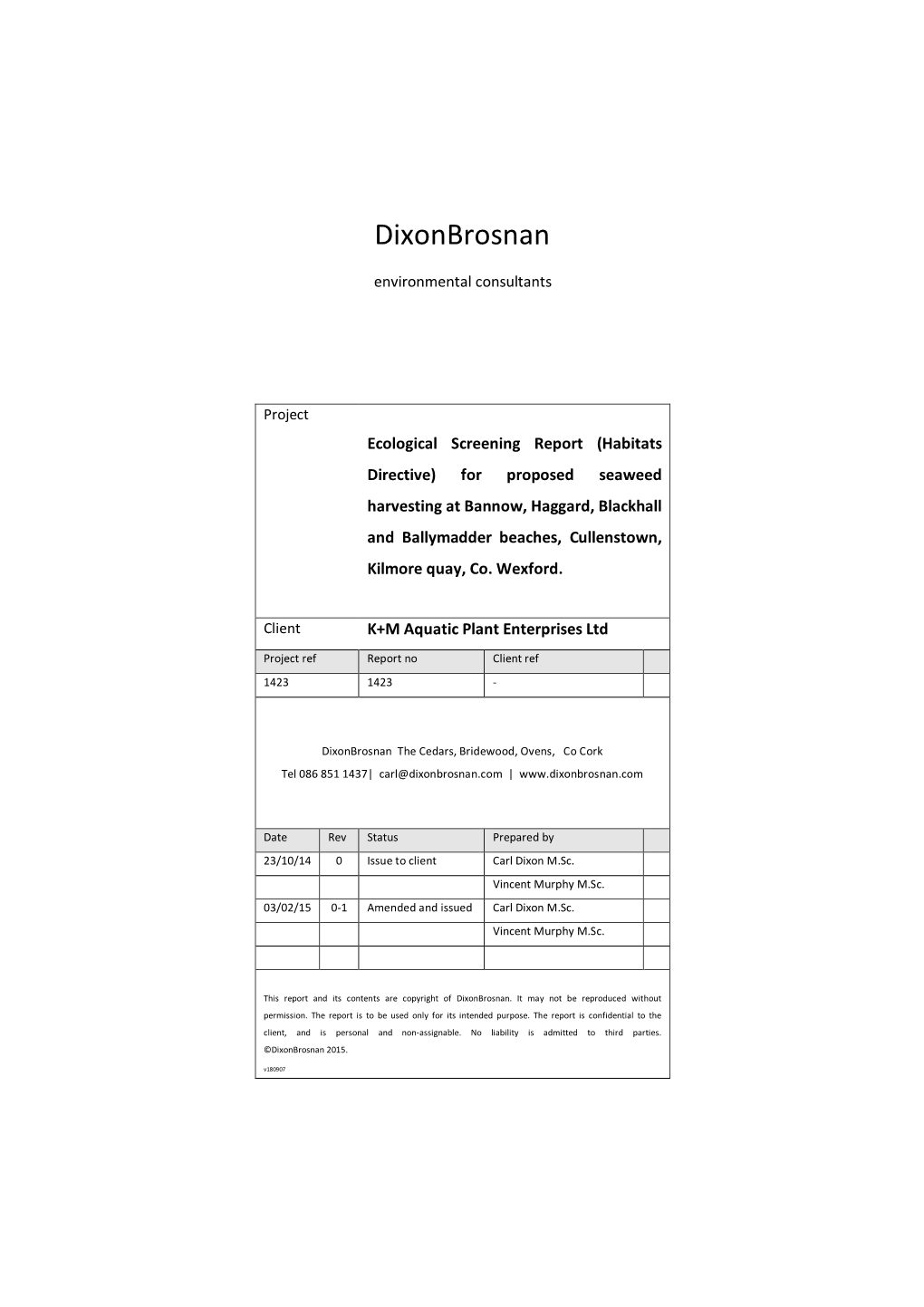 Oceanleaves Cullenstown Screening Report Final Amended Feb 3 2015