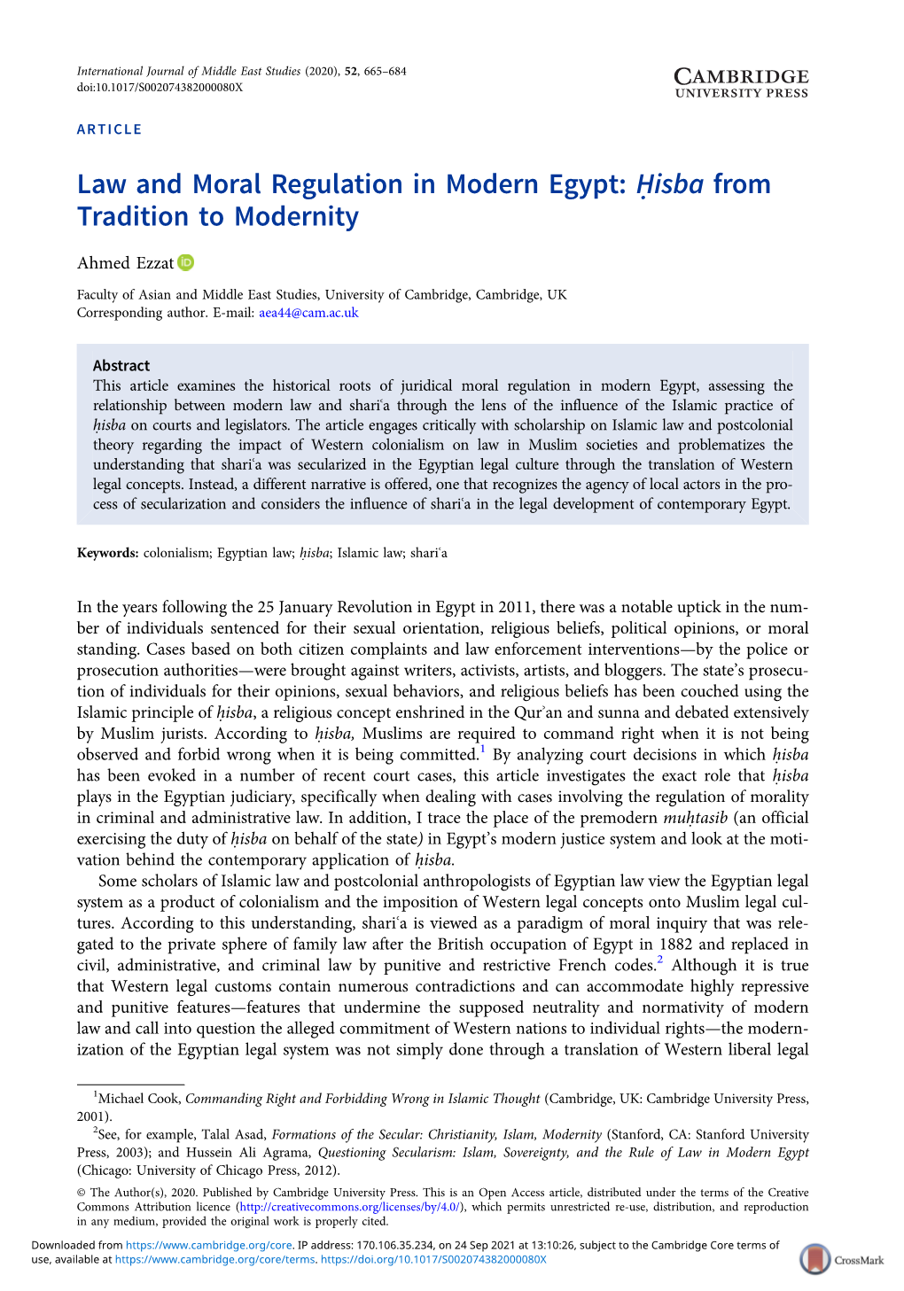 Law and Moral Regulation in Modern Egypt: Ḥisba from Tradition to Modernity
