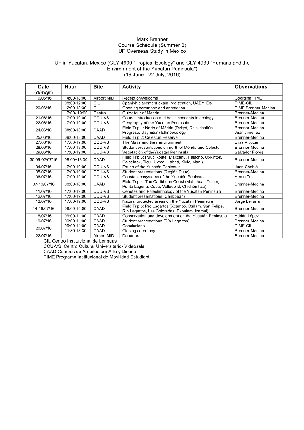 Field Trip Schedule