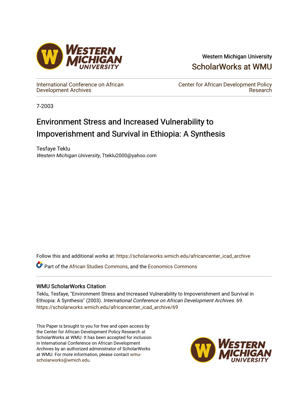 Environment Stress and Increased Vulnerability to Impoverishment and Survival in Ethiopia: a Synthesis