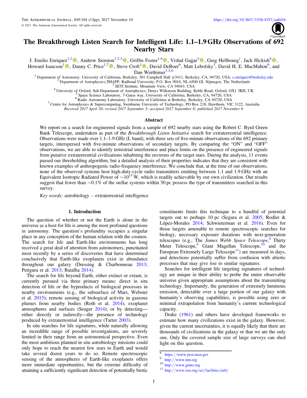 The Breakthrough Listen Search for Intelligent Life: 1.1–1.9 Ghz Observations of 692 Nearby Stars