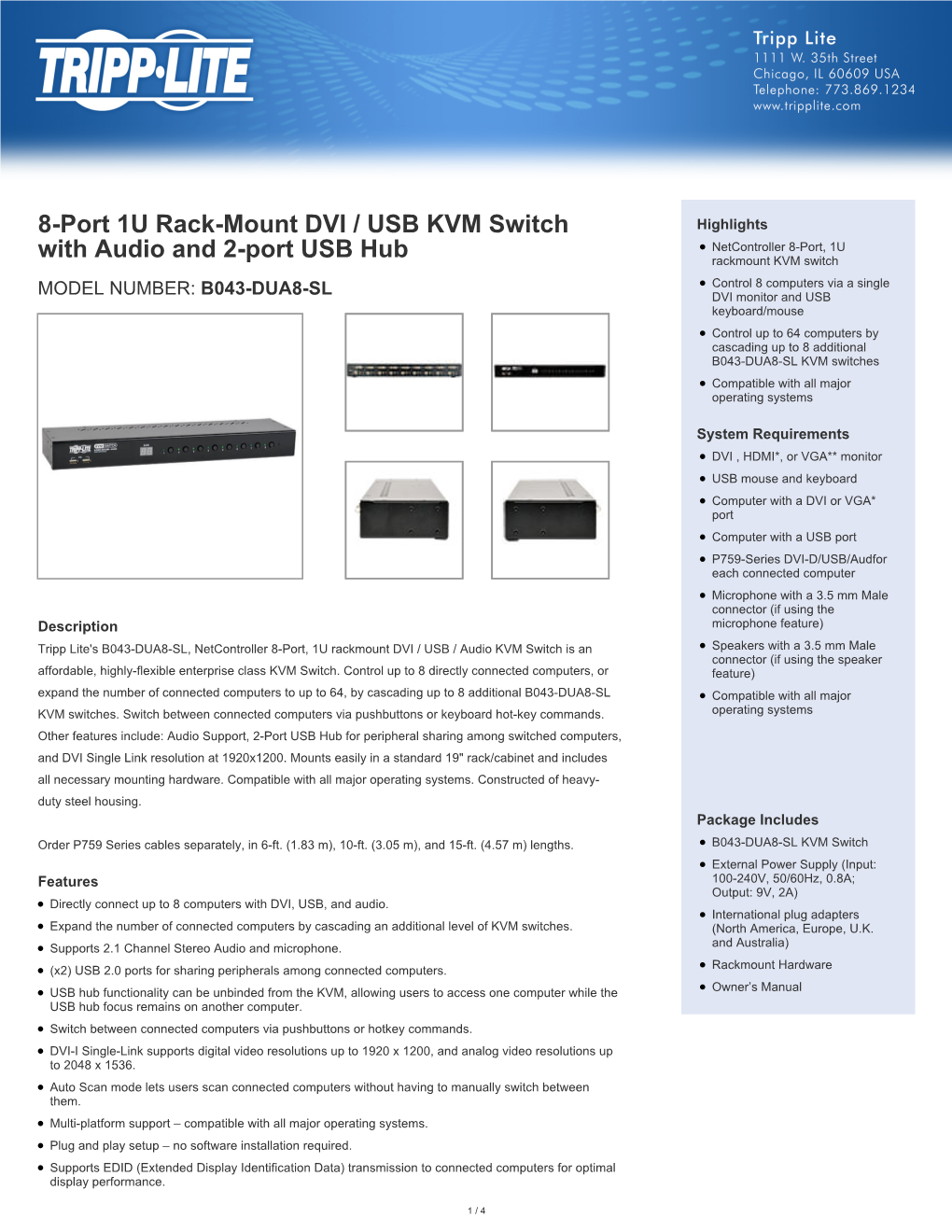 8-Port 1U Rack-Mount DVI / USB KVM Switch with Audio and 2
