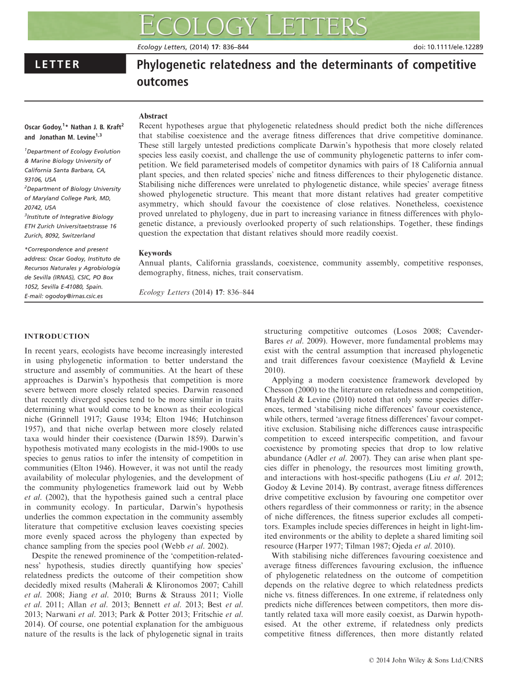 Phylogenetic Relatedness and the Determinants of Competitive Outcomes