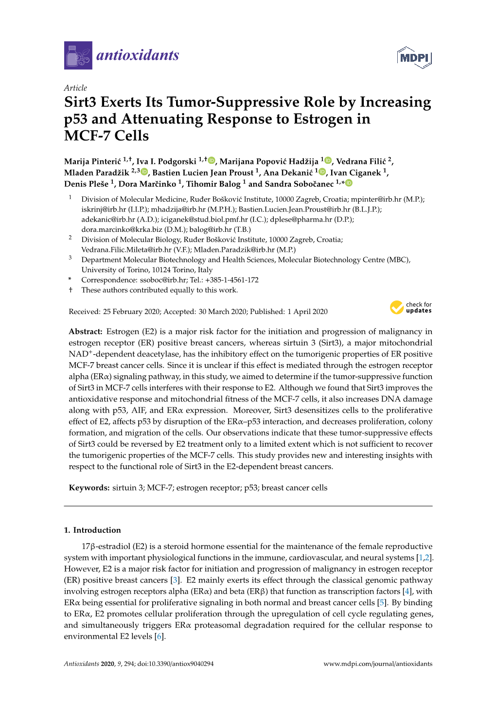 Sirt3 Exerts Its Tumor-Suppressive Role by Increasing P53 and Attenuating Response to Estrogen in MCF-7 Cells