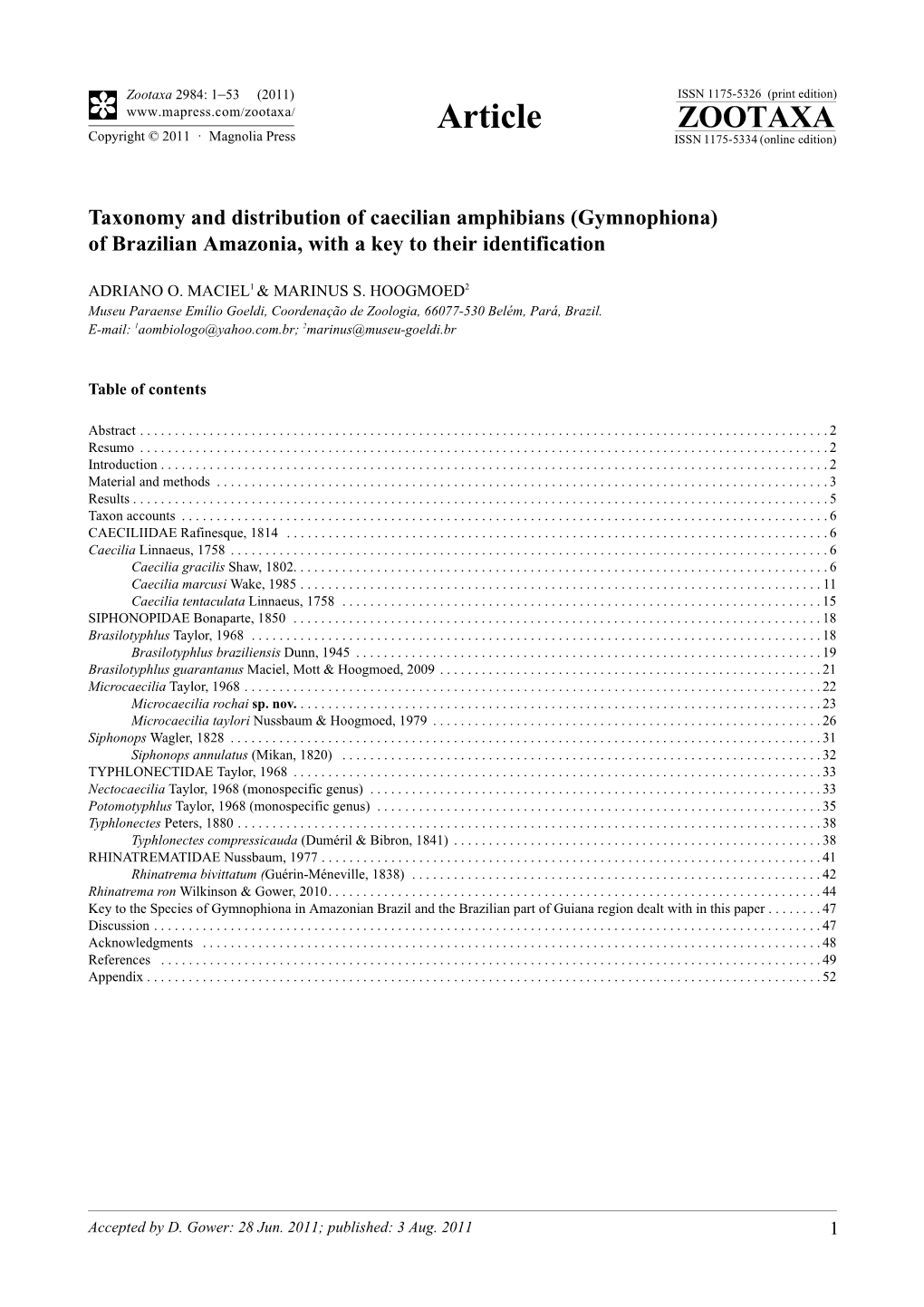 Taxonomy and Distribution of Caecilian Amphibians (Gymnophiona) of Brazilian Amazonia, with a Key to Their Identification