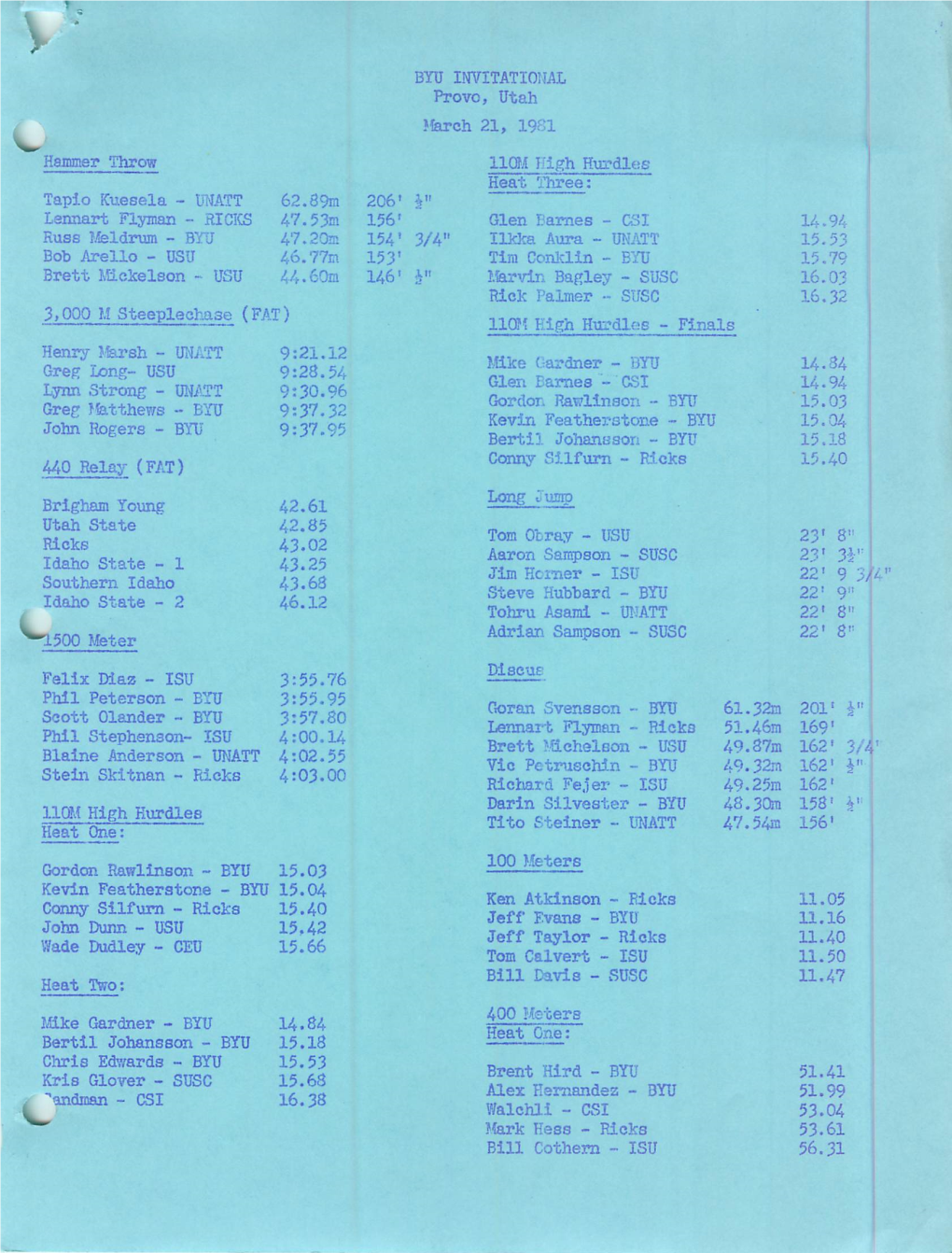 3000 M Steeplechase (FAT) 440 Relay