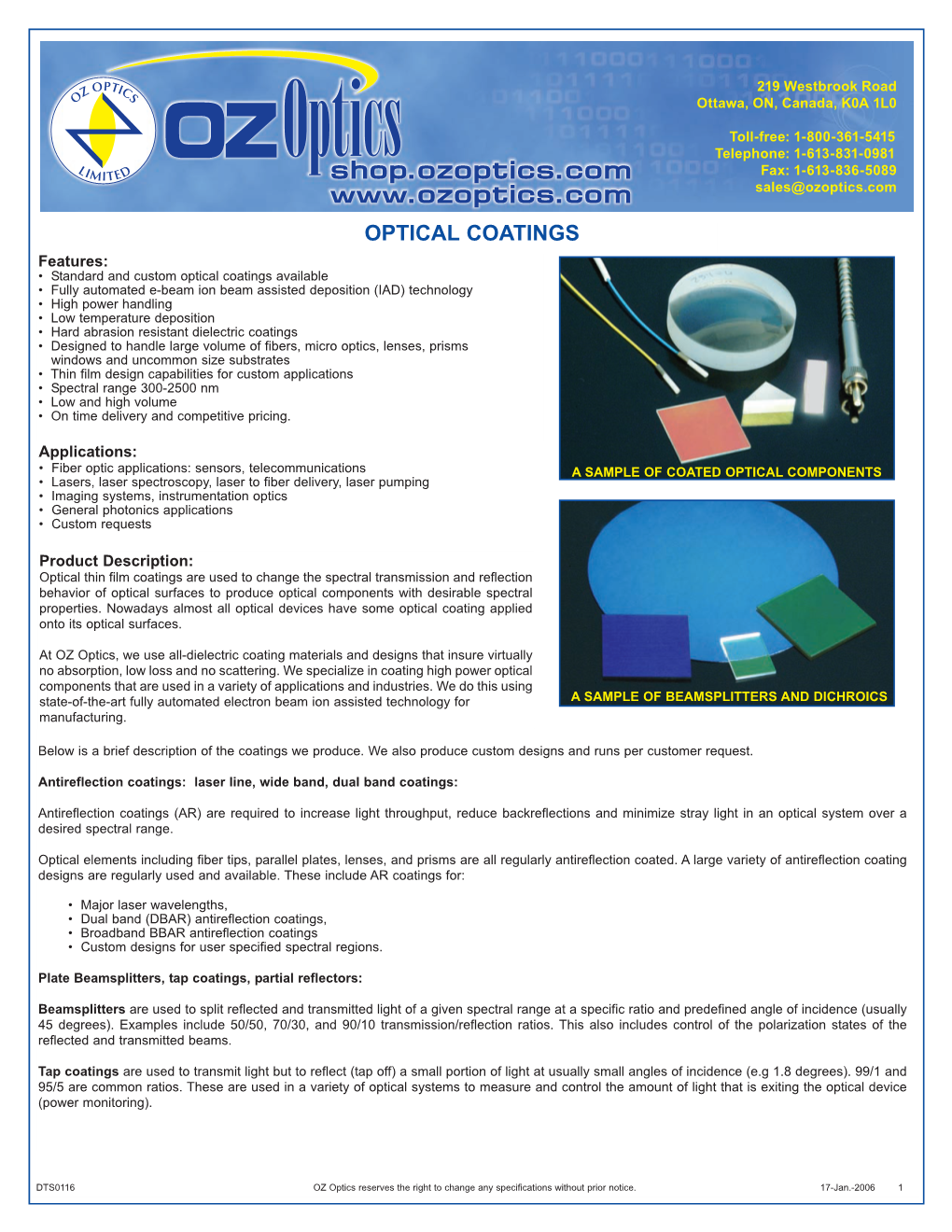 DTS0116 OZ Optics Reserves the Right to Change Any Specifications Without Prior Notice