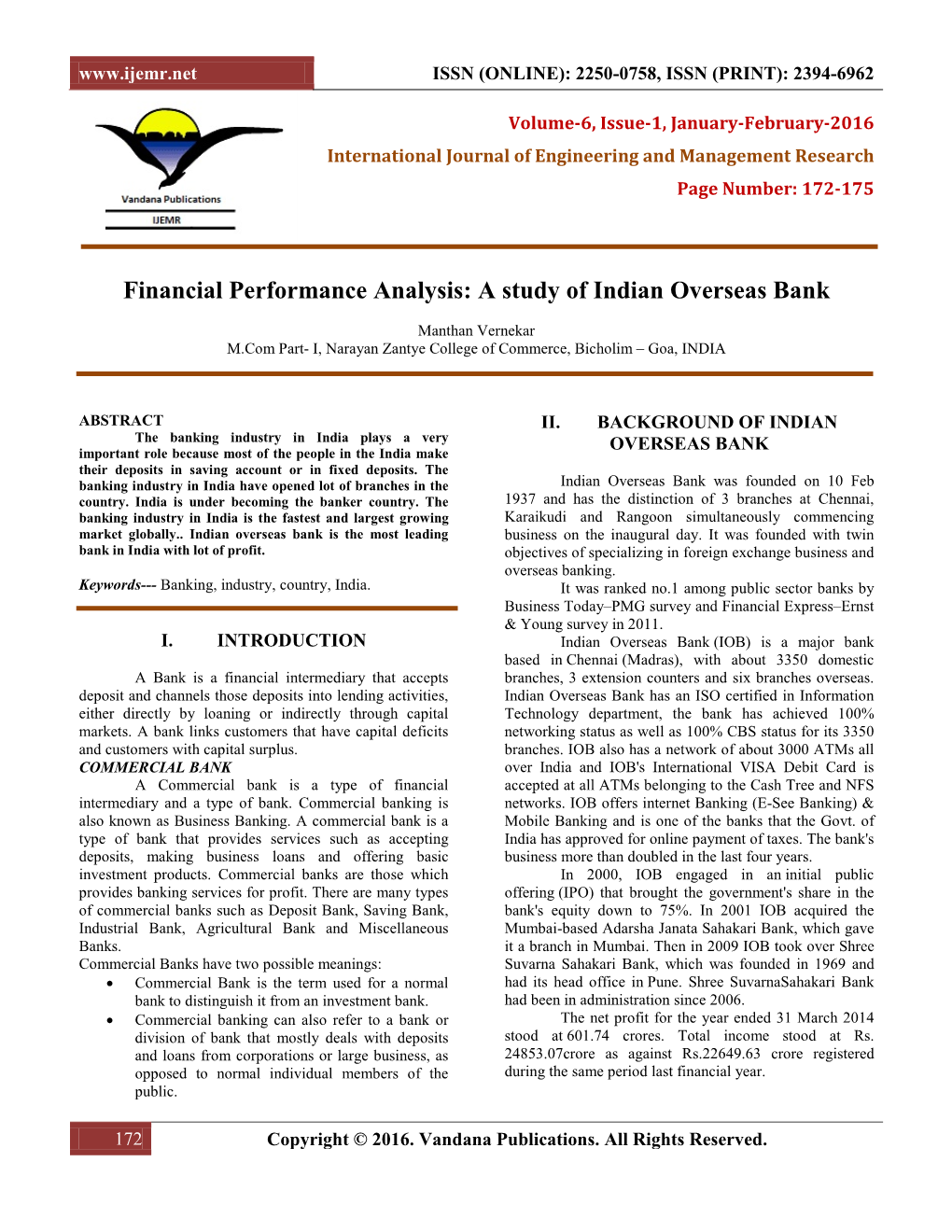 Financial Performance Analysis: a Study of Indian Overseas Bank