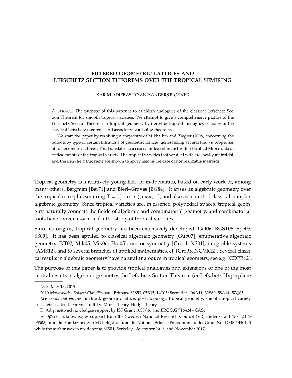 Filtered Geometric Lattices and Lefschetz Section Theorems Over the Tropical Semiring