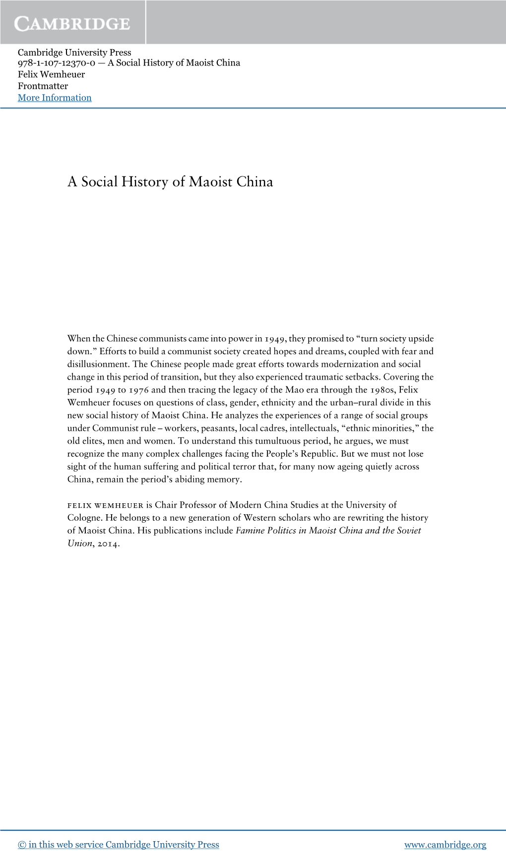 A Social History of Maoist China Felix Wemheuer Frontmatter More Information