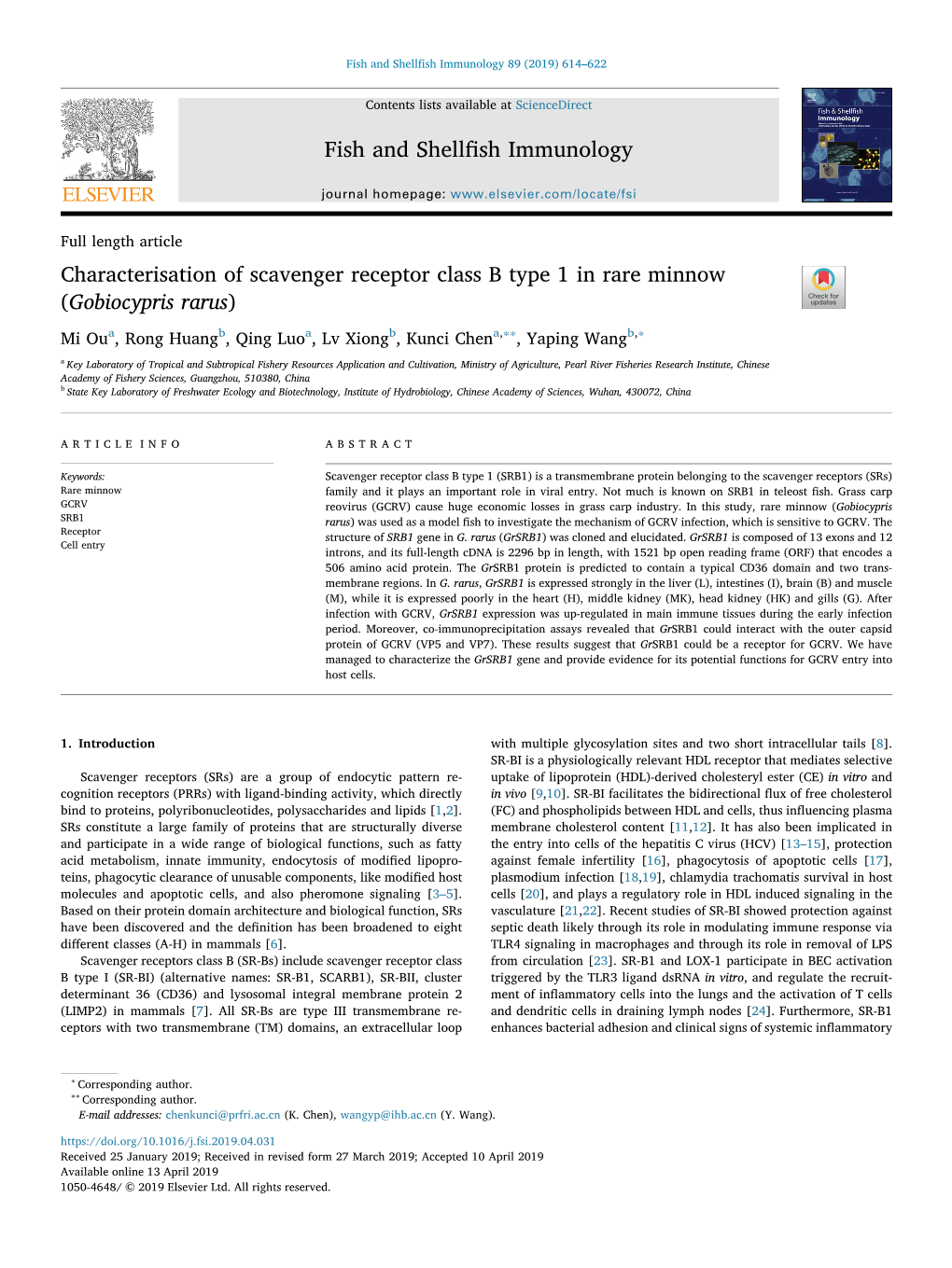 Characterisation of Scavenger Receptor Class B Type 1 in Rare Minnow (Gobiocypris Rarus) T