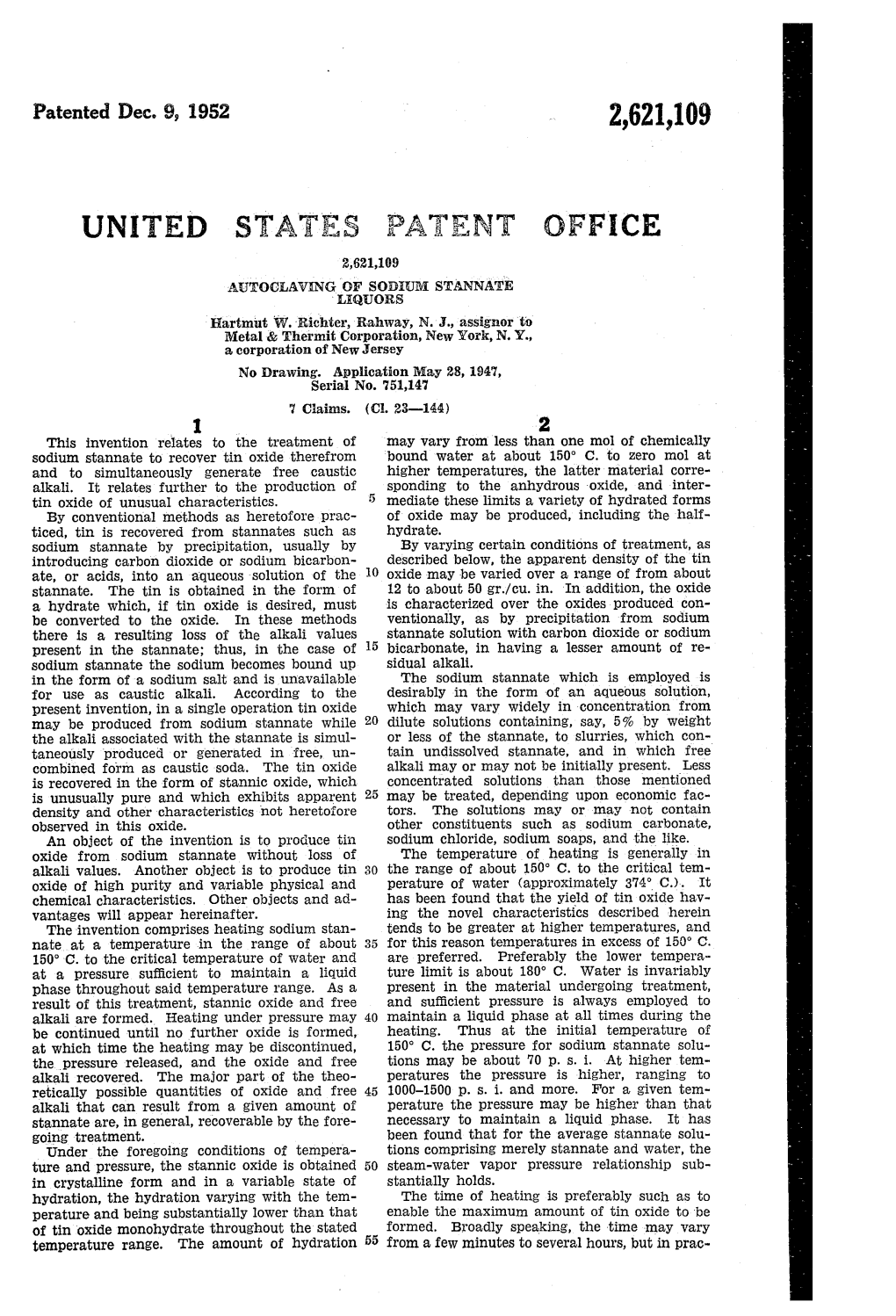 PATENT OFFICE 2,621,109 Autoclawang of Soloi UM Staannate LAQUORS Hartmut W