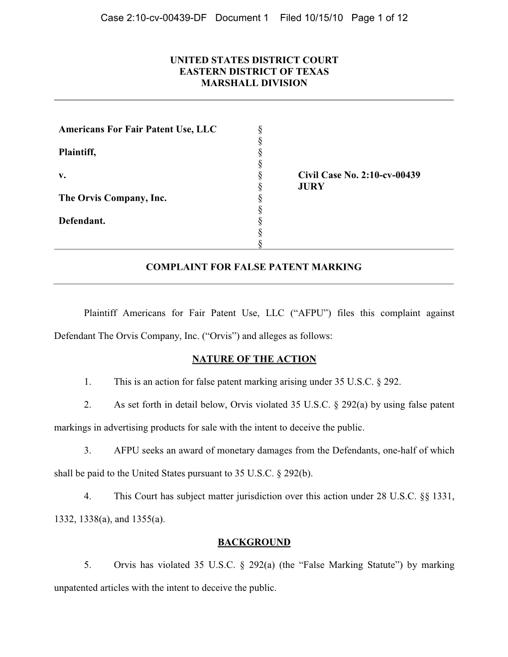 Orvis False Marking Complaint 2 .Docx