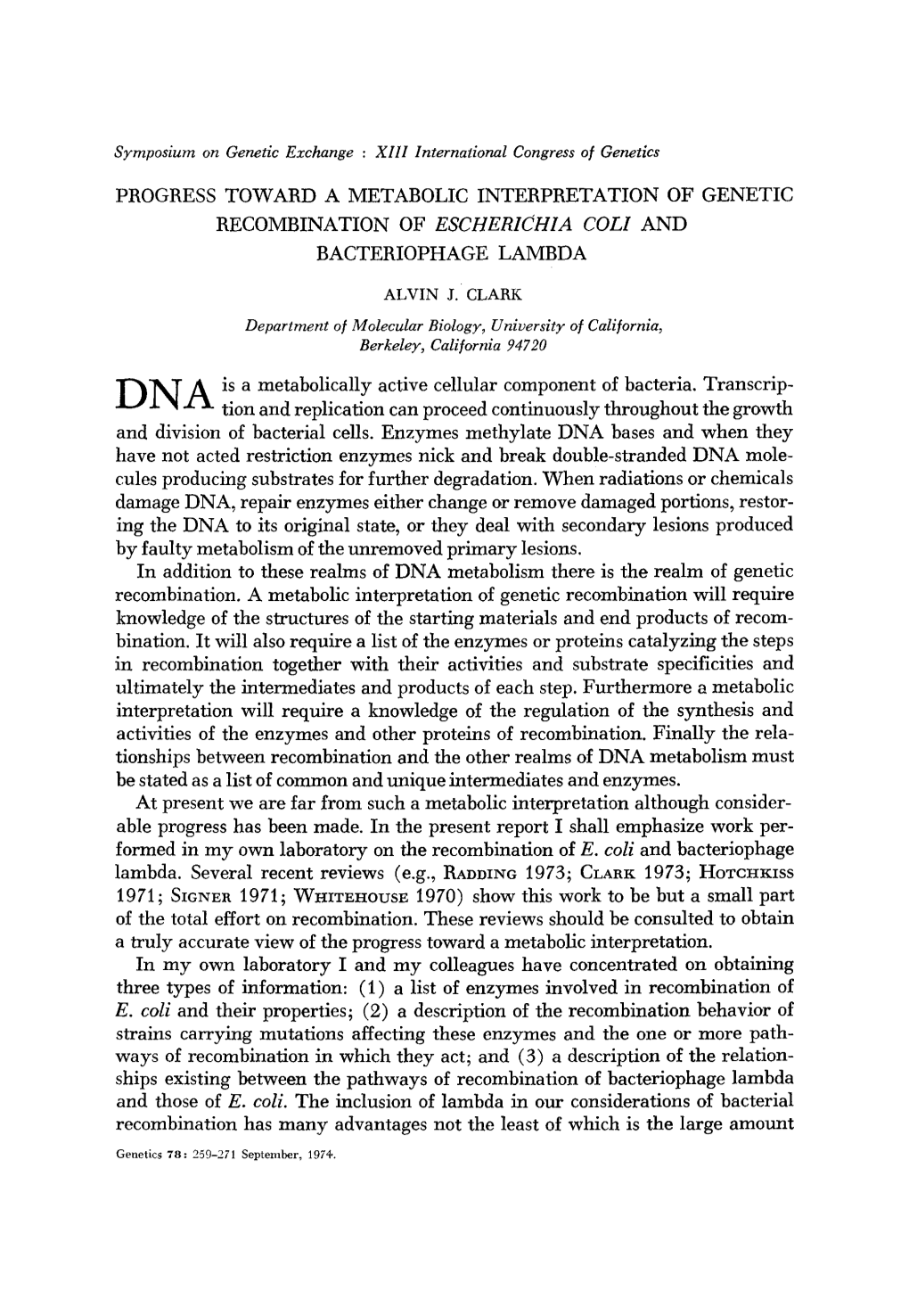 Recombination of Escherzchza Colz and Bacteriophage Lambda