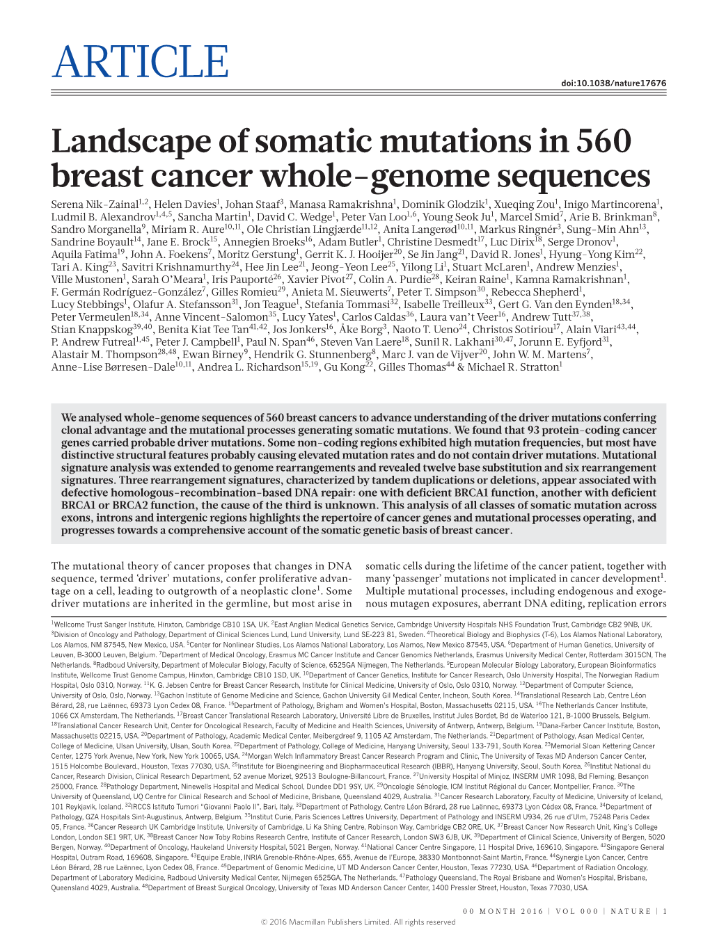 Landscape of Somatic Mutations in 560 Breast Cancer Whole-Genome
