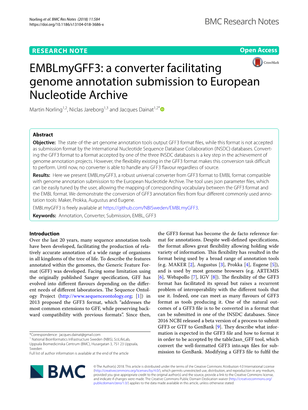 A Converter Facilitating Genome Annotation Submission to European Nucleotide Archive Martin Norling1,2, Niclas Jareborg1,3 and Jacques Dainat1,2*